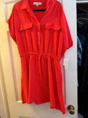 Emma & Michele Hot Coral Drawstring Waist Shirt Dress